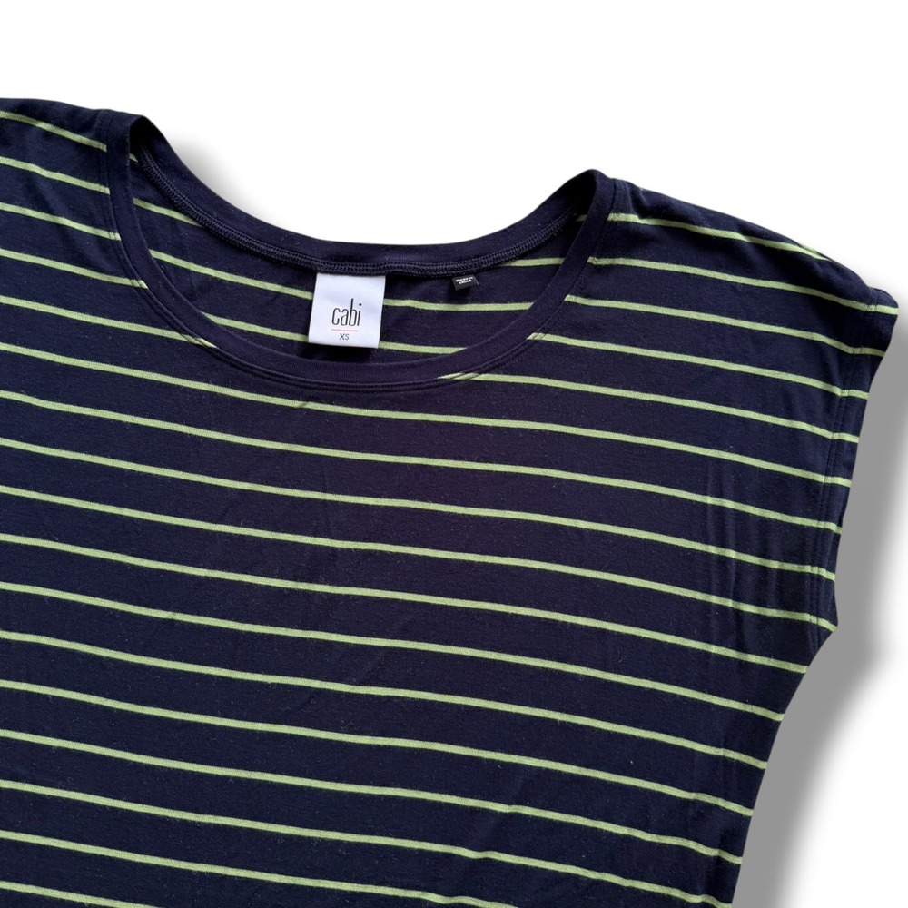 Cabi Women's XS Navy Blue Lime Green Striped Cap Sleeve Ibiza Tee Tunic Top 5333